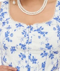 Unique Vintage Midi|Pocket Dresses>White & Blue Floral Cotton Midi Dress