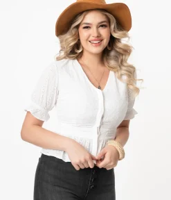 Unique Vintage Blouses>White Eyelet Peplum Jolene Blouse