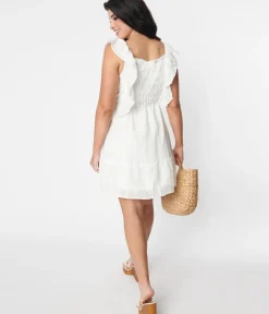Unique Vintage Pocket Dresses|Everyday Dresses>White Floral Embroidered Ruffled Shift Dress