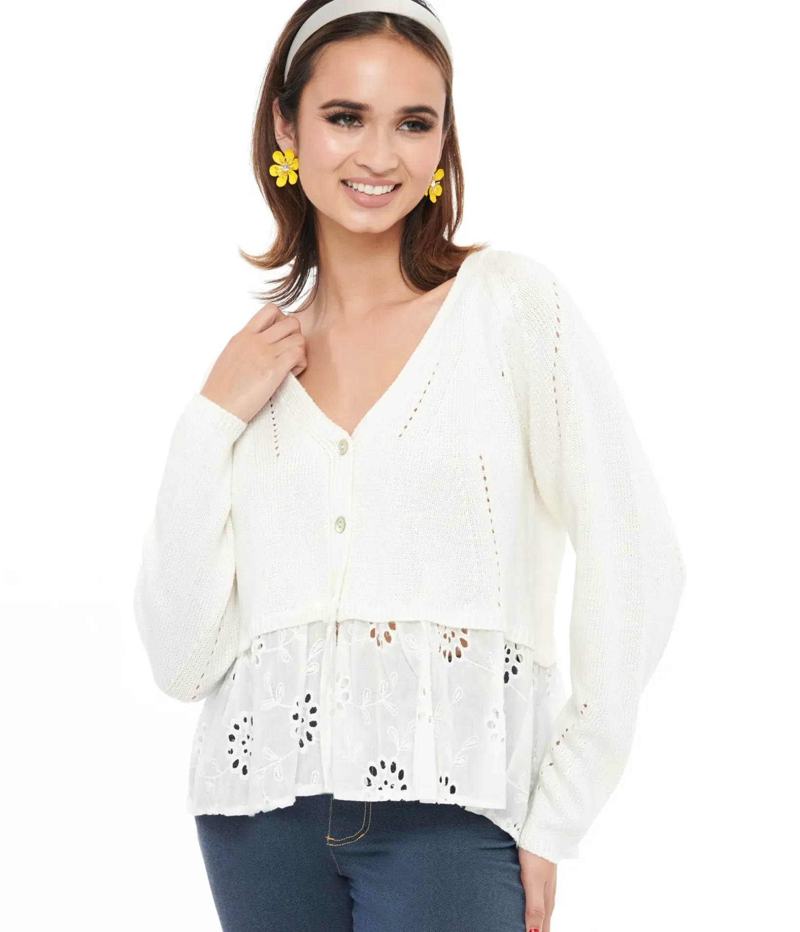 Unique Vintage Sweaters & Cardigans|Work Wear>White Floral Peplum Knit Cardigan