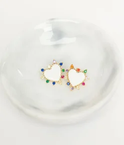 Unique Vintage Pride|Earrings>White Heart & Multicolor Stone Stud Earrings