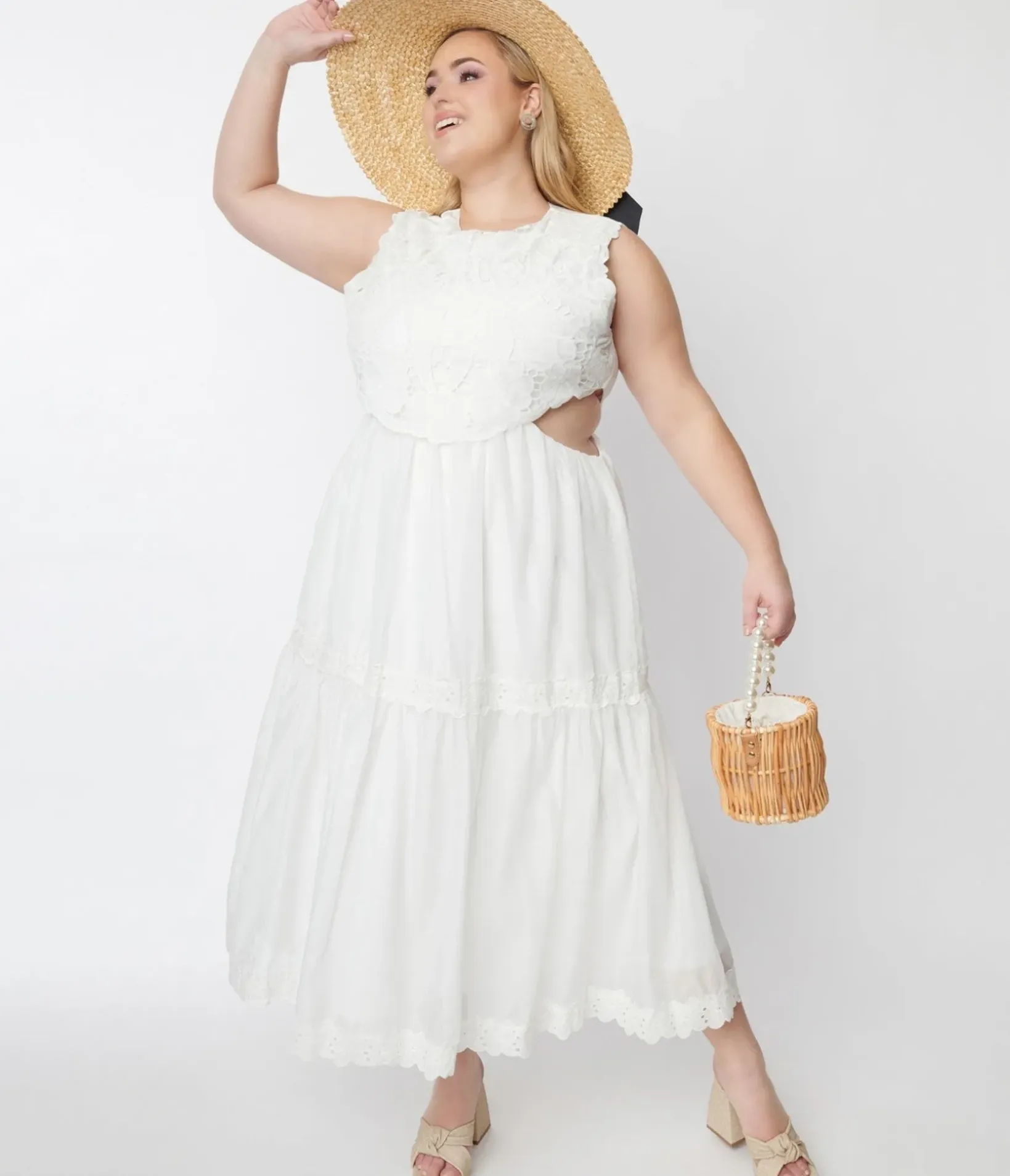 Unique Vintage Midi|Everyday Dresses>White Lace Front Midi Dress