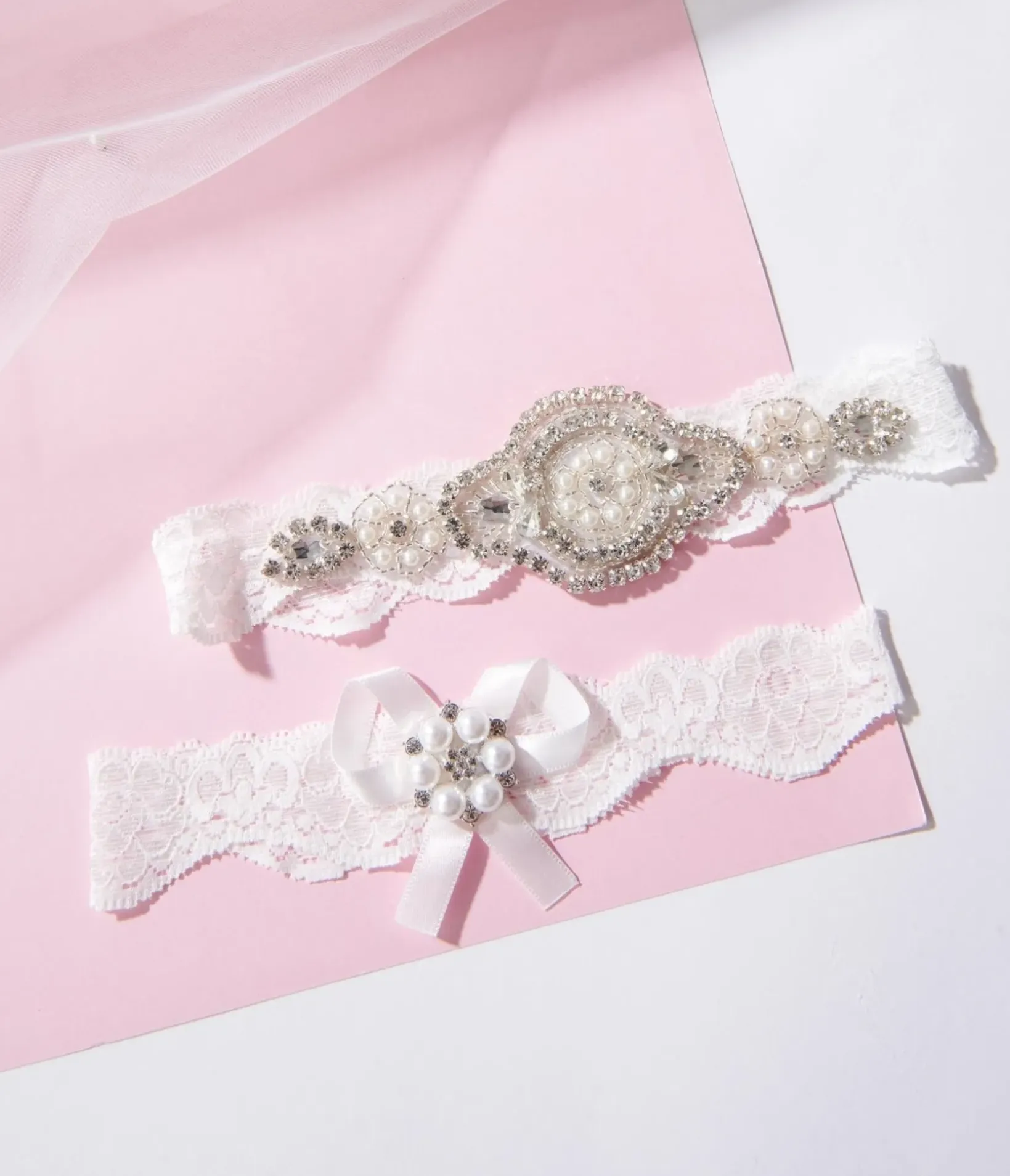 Unique Vintage Special Occasion|Wedding Accessories>White Lace & Rhinestone Bridal Garter Set