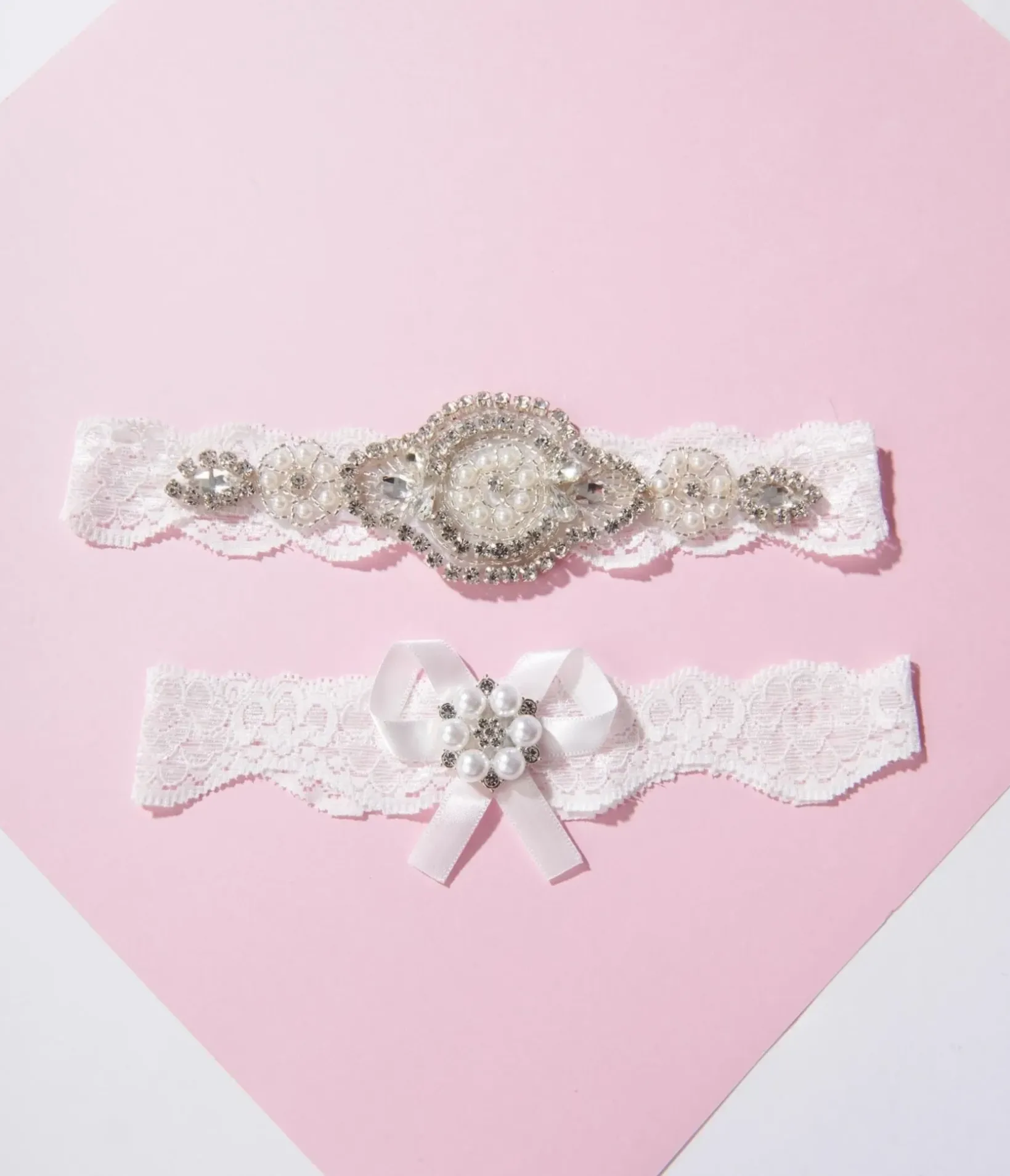 Unique Vintage Special Occasion|Wedding Accessories>White Lace & Rhinestone Bridal Garter Set