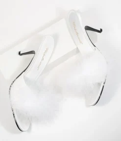 Unique Vintage Special Occasion|Heels>White Marabou Feather Peep Toe Slipper Heel