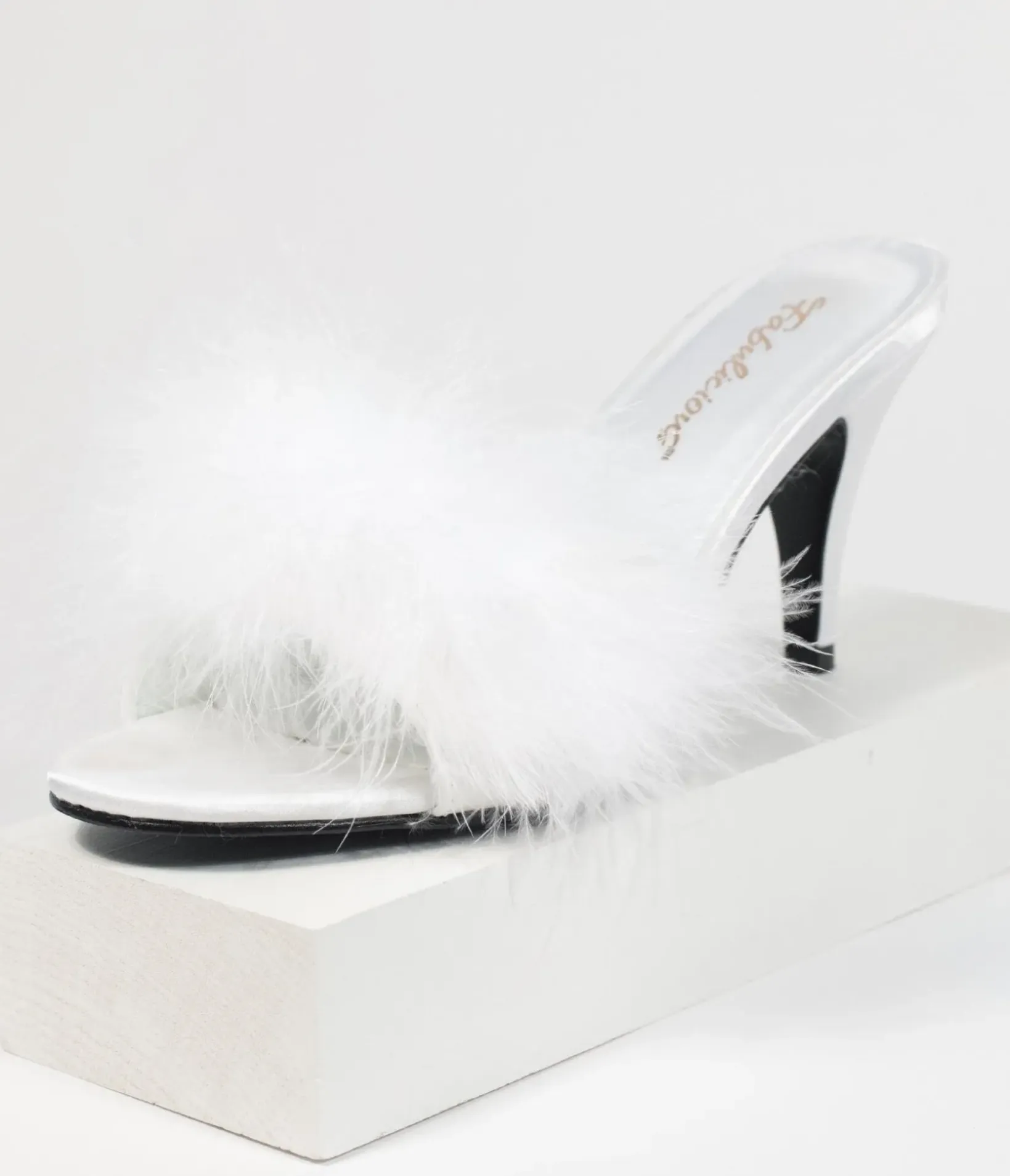 Unique Vintage Special Occasion|Heels>White Marabou Feather Peep Toe Slipper Heel