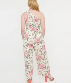 Unique Vintage Rompers & Jumpsuits|Rompers & Jumpsuits>White & Pink Floral Asymmetrical Chiffon Jumpsuit