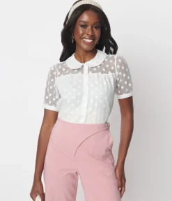 Unique Vintage Blouses|Work Wear>White Polka Dot Mesh Button Down Top