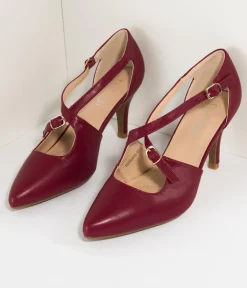 Unique Vintage Heels|All Things Red>Wine Red Leatherette Cross Strap Pointed Toe Pumps