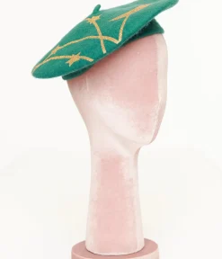 Unique Vintage Berets>Witchwood Bags Forest Green & Gold Moon & Stars Beret