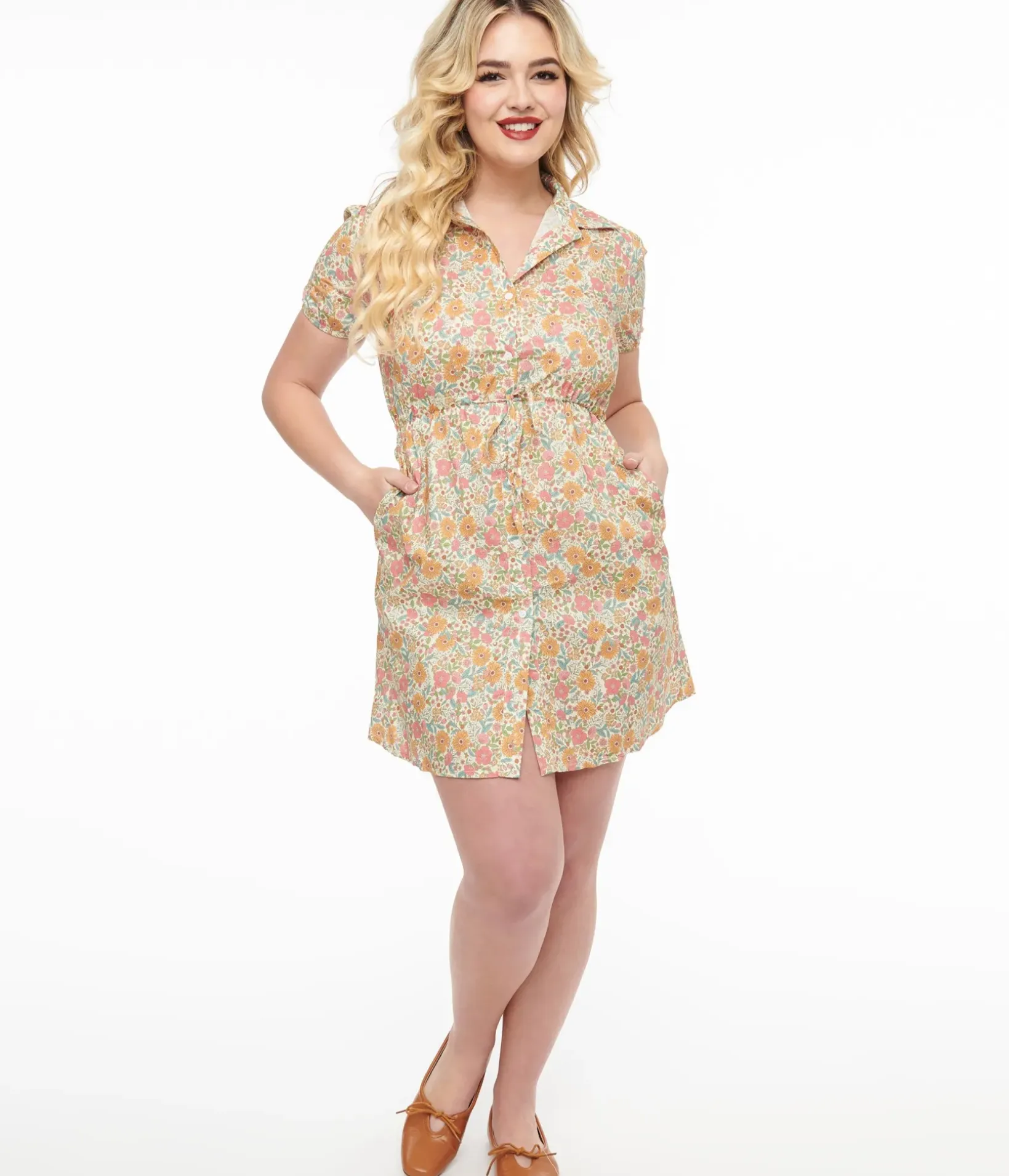 Unique Vintage Pocket Dresses>Yellow Floral Cotton Shirt Dress