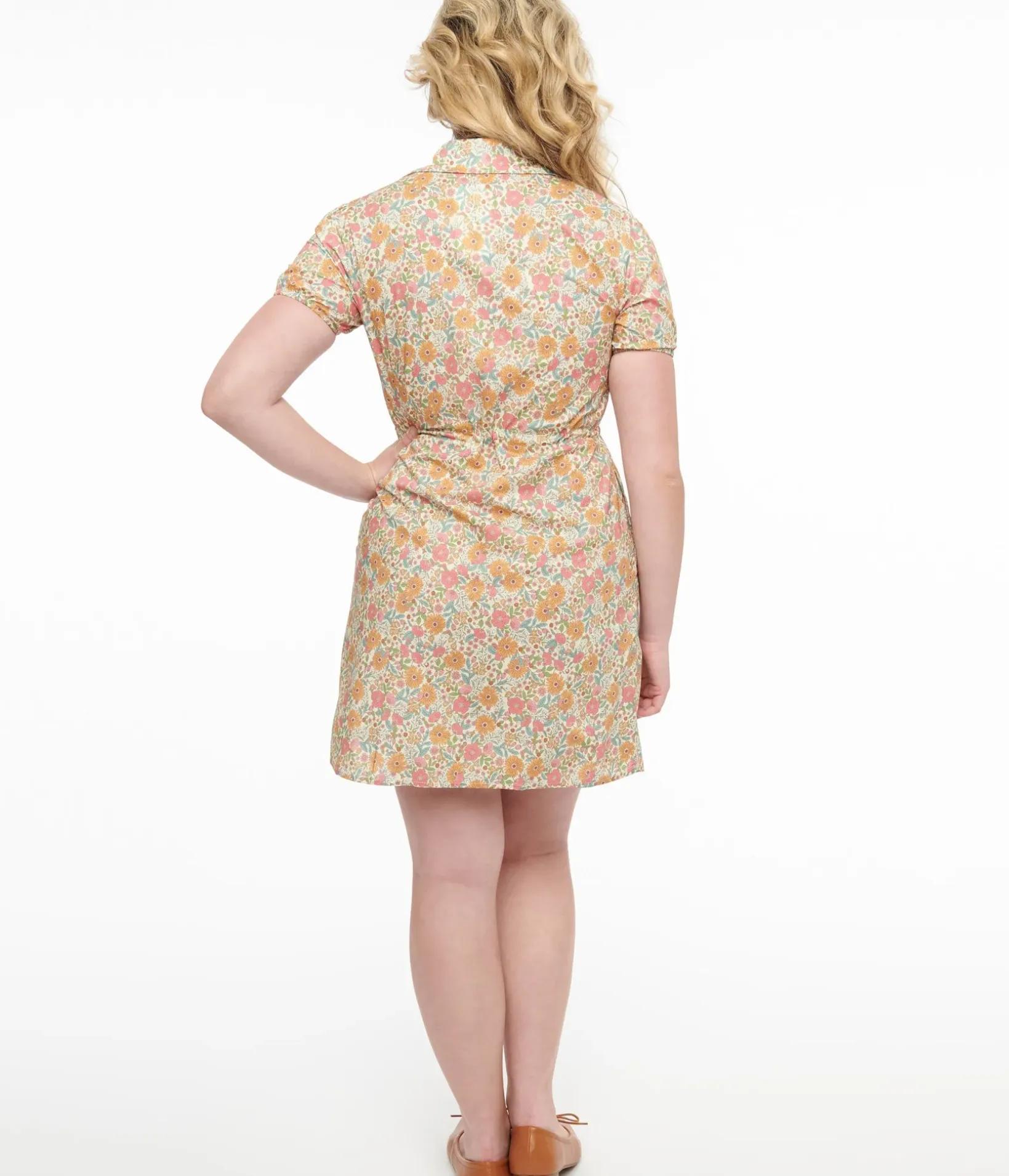 Unique Vintage Pocket Dresses>Yellow Floral Cotton Shirt Dress