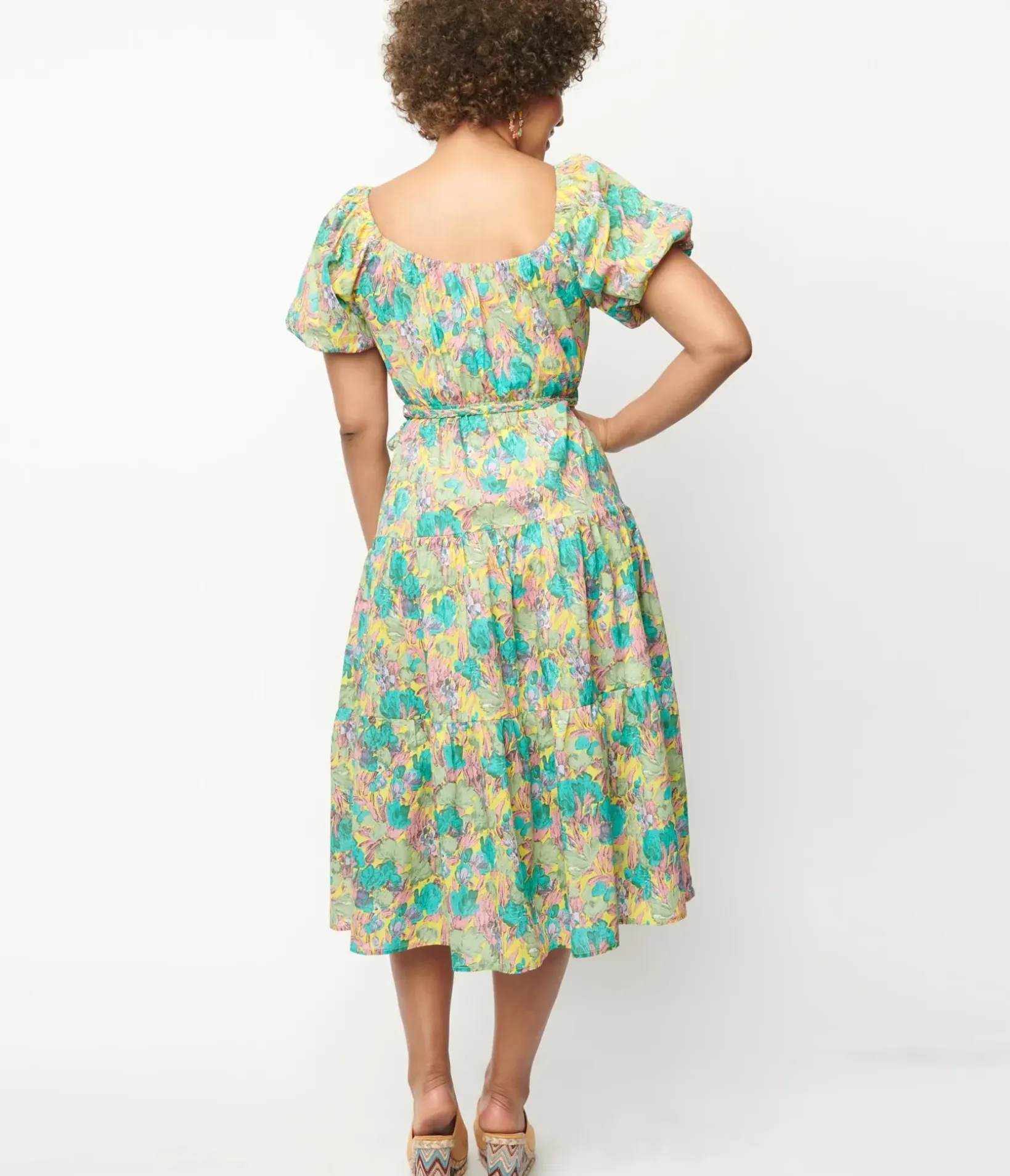 Unique Vintage Midi|Everyday Dresses>Yellow & Green Floral Tiered Midi Dress