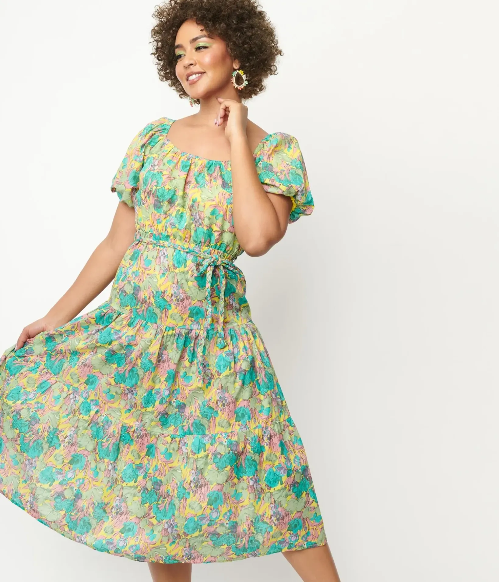 Unique Vintage Midi|Everyday Dresses>Yellow & Green Floral Tiered Midi Dress