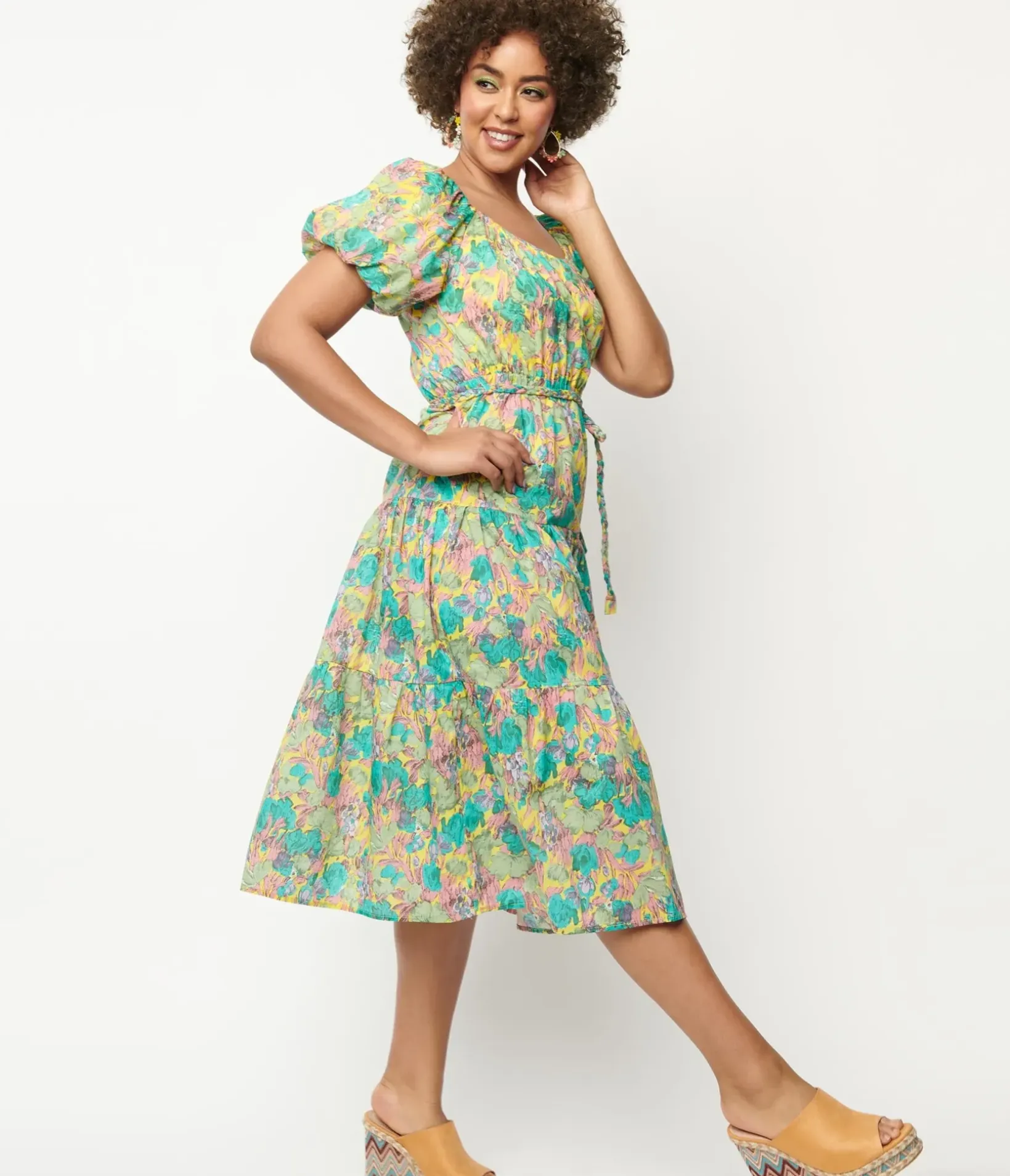 Unique Vintage Midi|Everyday Dresses>Yellow & Green Floral Tiered Midi Dress