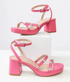 Unique Vintage Heels|Sandals>Y2K Pink Leatherette & Rhinestone Floral Platform Heels
