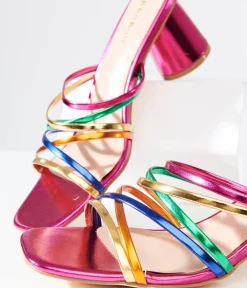 Unique Vintage Heels|Sandals>Y2K Rainbow & Pink Metallic Heel Sandals