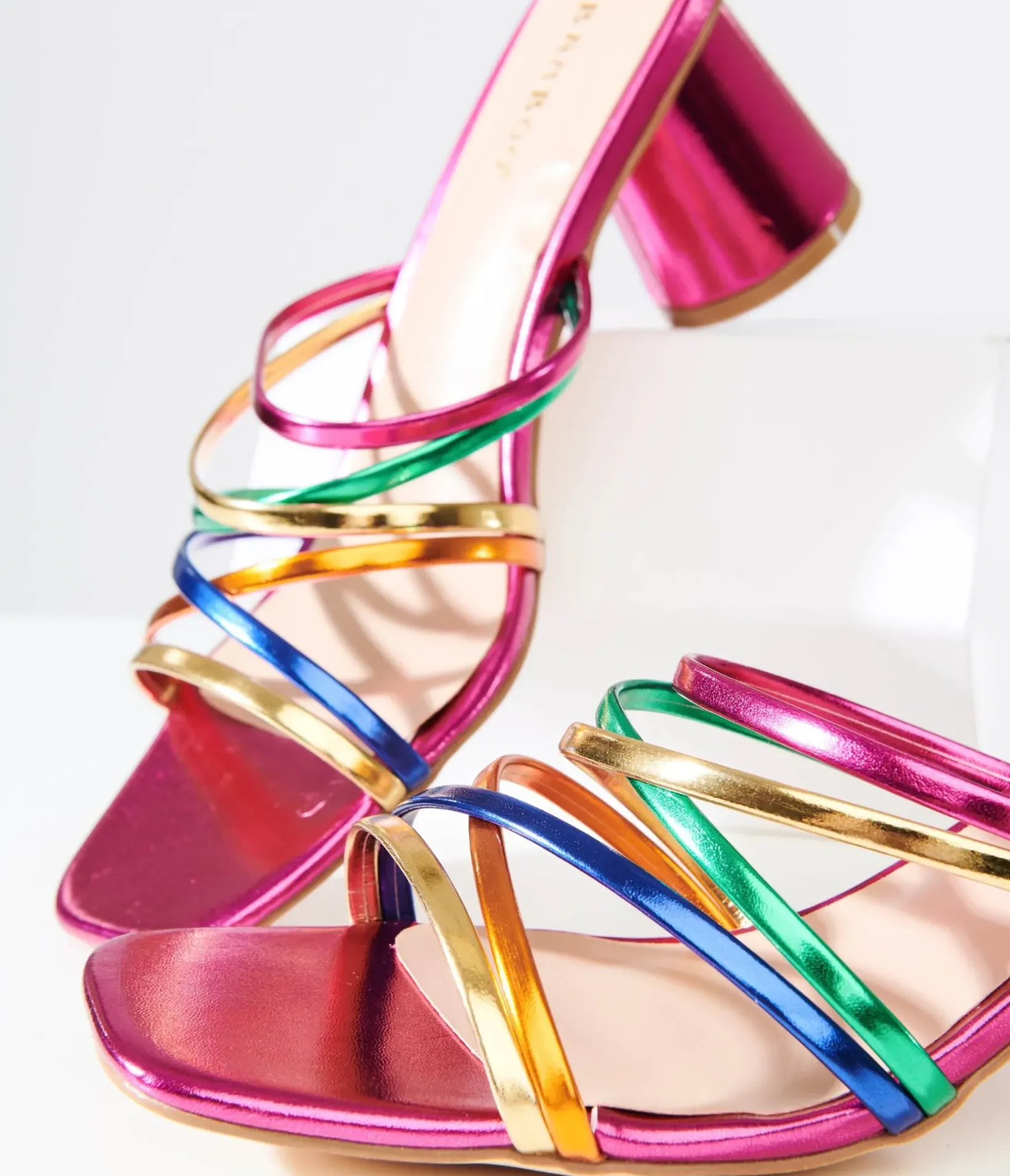 Unique Vintage Heels|Sandals>Y2K Rainbow & Pink Metallic Heel Sandals
