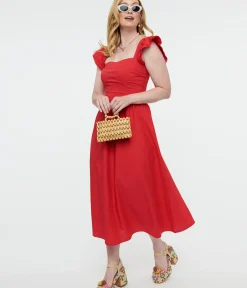 Unique Vintage Midi|Everyday Dresses>Y2K Red Flutter Sleeve Poplin Midi Dress
