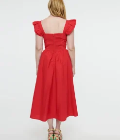 Unique Vintage Midi|Everyday Dresses>Y2K Red Flutter Sleeve Poplin Midi Dress
